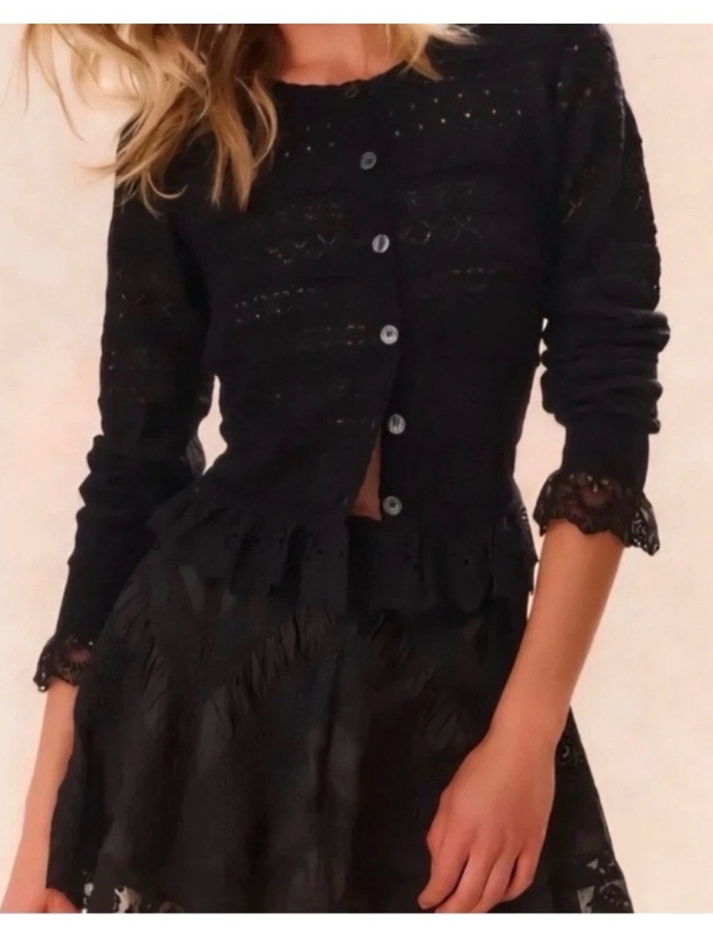 NWT Caroline Constas Black Lace Alpaca Wool Crop Cardigan Sweater size large